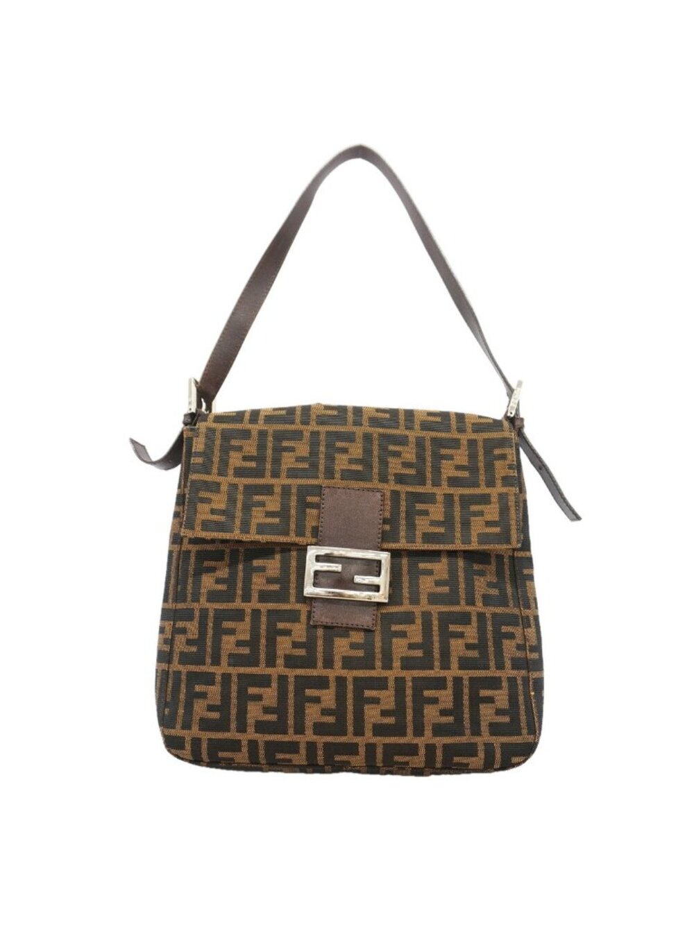 Fendi Shoulder Bag Zucca Nylon Canvas Brown Silver